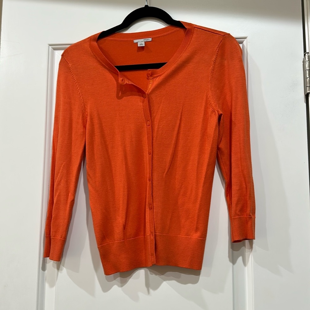 Halogen Orange Cardigan Sweater with Ribbed Trim Size Small.